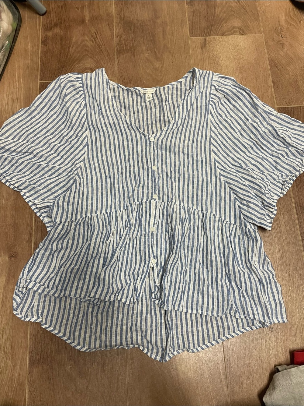 Cato Blue and White Striped Button-Front Peplum Blouse